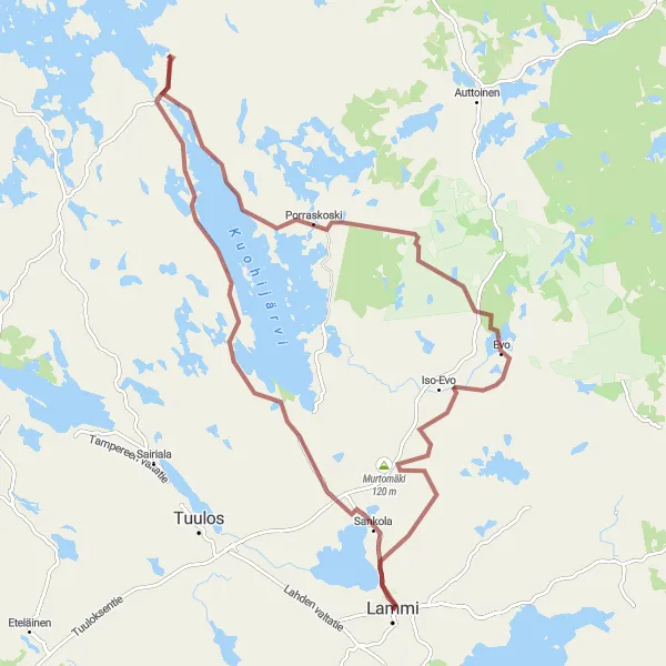 Map miniature of "Lammi to Evo Gravel Route" cycling inspiration in Etelä-Suomi, Finland. Generated by Tarmacs.app cycling route planner