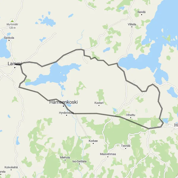 Map miniature of "Lammi Gravel and Road Loop" cycling inspiration in Etelä-Suomi, Finland. Generated by Tarmacs.app cycling route planner