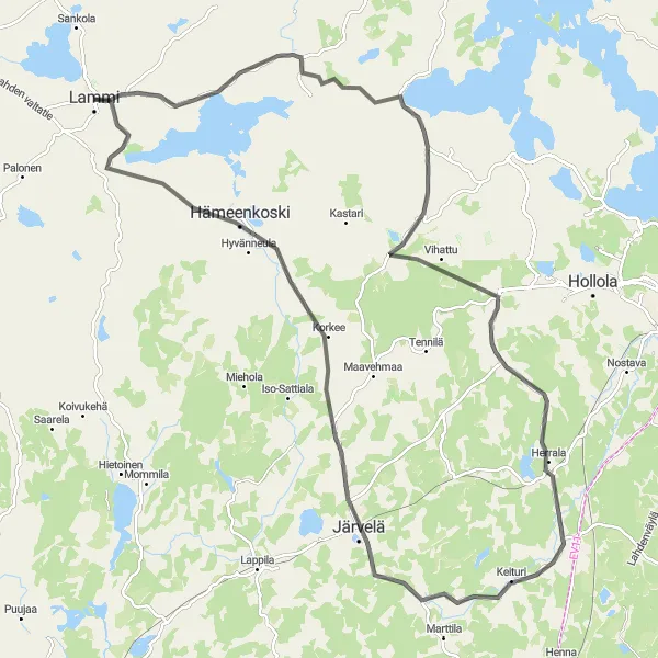 Karttaminiaatyyri "Matka Herralaan ja Hämeenkoskelle" pyöräilyinspiraatiosta alueella Etelä-Suomi, Finland. Luotu Tarmacs.app pyöräilyreittisuunnittelijalla