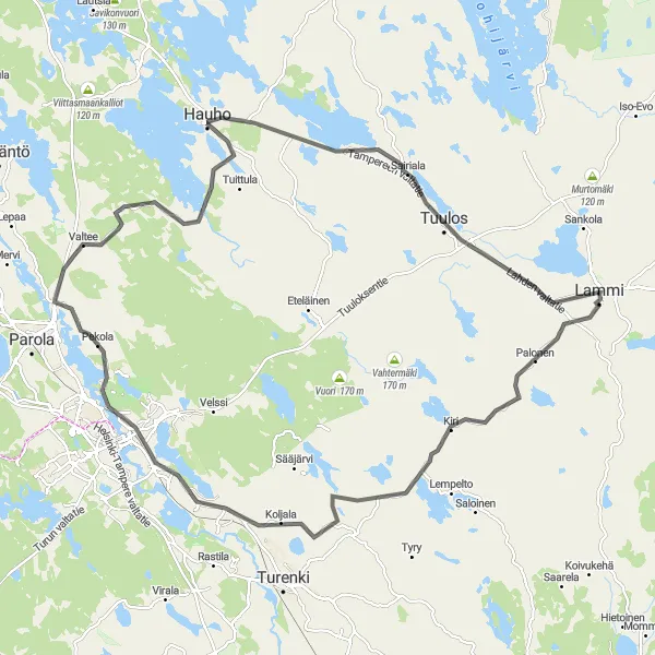 Map miniature of "Lammi to Hanssin-Jukka Road Route" cycling inspiration in Etelä-Suomi, Finland. Generated by Tarmacs.app cycling route planner