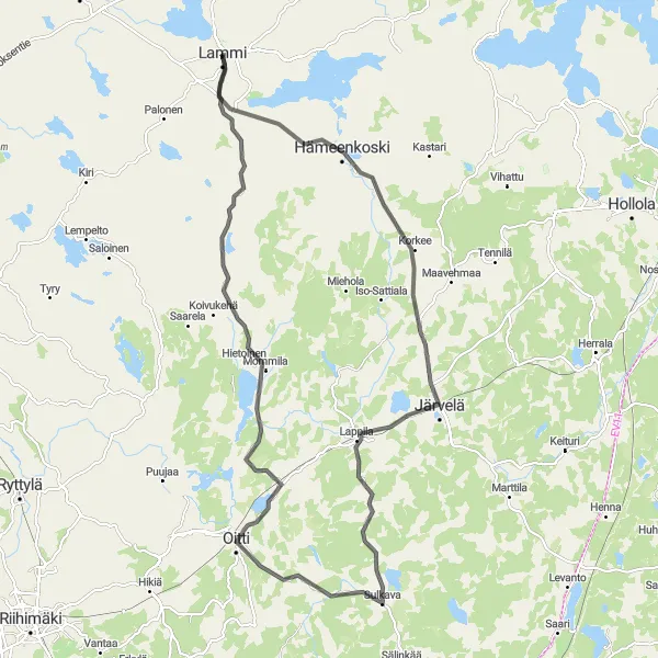 Karttaminiaatyyri "Lammi - Hämeenkoski - Kärkölän kirkonkylä - Oitti - Mommila - Lammi" pyöräilyinspiraatiosta alueella Etelä-Suomi, Finland. Luotu Tarmacs.app pyöräilyreittisuunnittelijalla