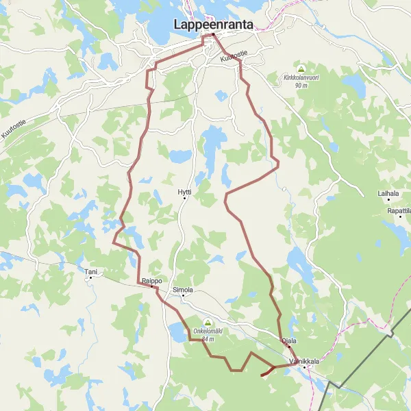 Karttaminiaatyyri "Lappeenranta - Kuusimäki Gravel Cycling Route" pyöräilyinspiraatiosta alueella Etelä-Suomi, Finland. Luotu Tarmacs.app pyöräilyreittisuunnittelijalla