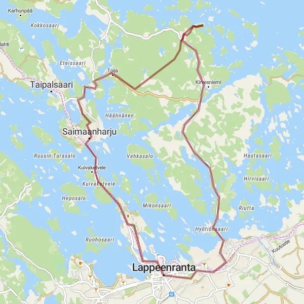 Map miniature of "Voisalmensaari Gravel Adventure" cycling inspiration in Etelä-Suomi, Finland. Generated by Tarmacs.app cycling route planner