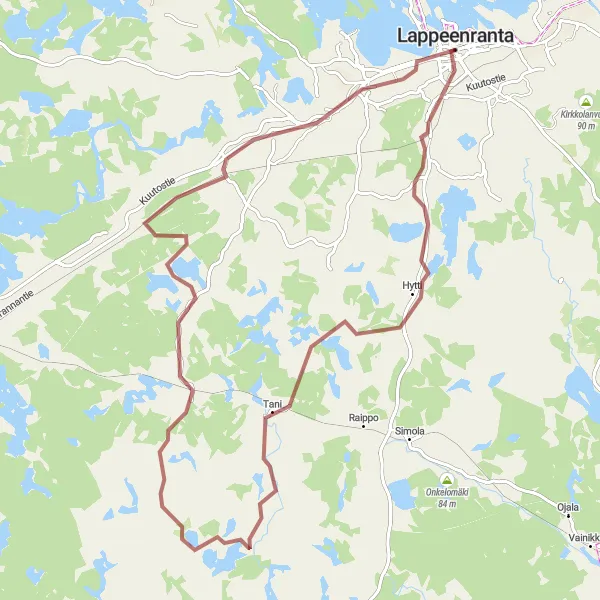 Karttaminiaatyyri "Lappeenranta - Kourula - Pulsa Gravel Cycling Route" pyöräilyinspiraatiosta alueella Etelä-Suomi, Finland. Luotu Tarmacs.app pyöräilyreittisuunnittelijalla