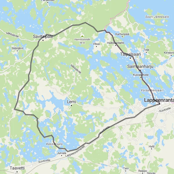 Map miniature of "Lappeenranta to Kourula Loop" cycling inspiration in Etelä-Suomi, Finland. Generated by Tarmacs.app cycling route planner