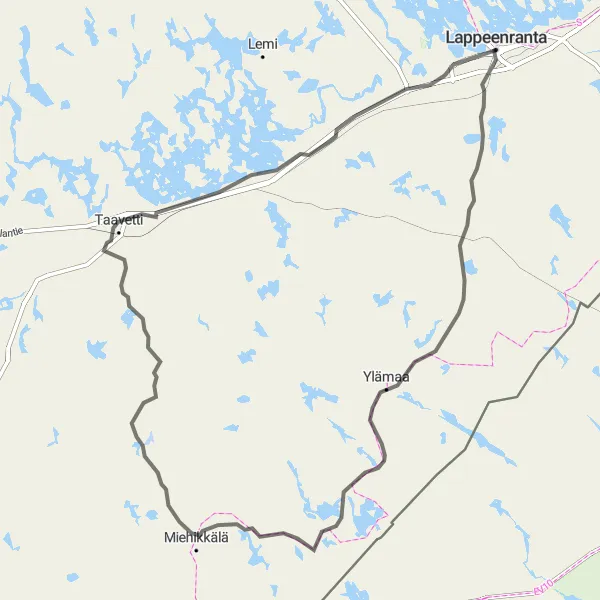 Karttaminiaatyyri "Lappeenranta - Miehikkälä Road Cycling Route" pyöräilyinspiraatiosta alueella Etelä-Suomi, Finland. Luotu Tarmacs.app pyöräilyreittisuunnittelijalla