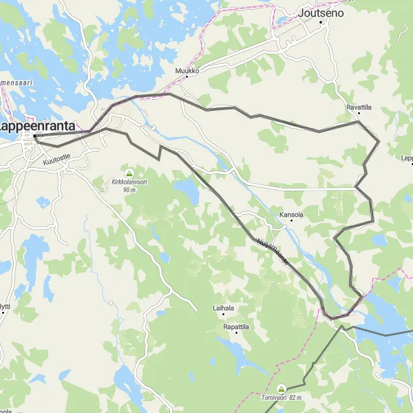 Karttaminiaatyyri "Lappeenranta - Nuijamaa Road Cycling Route" pyöräilyinspiraatiosta alueella Etelä-Suomi, Finland. Luotu Tarmacs.app pyöräilyreittisuunnittelijalla