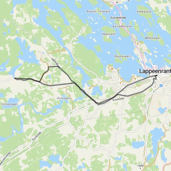 Map miniature of "Scenic Road Ride to Rutola" cycling inspiration in Etelä-Suomi, Finland. Generated by Tarmacs.app cycling route planner