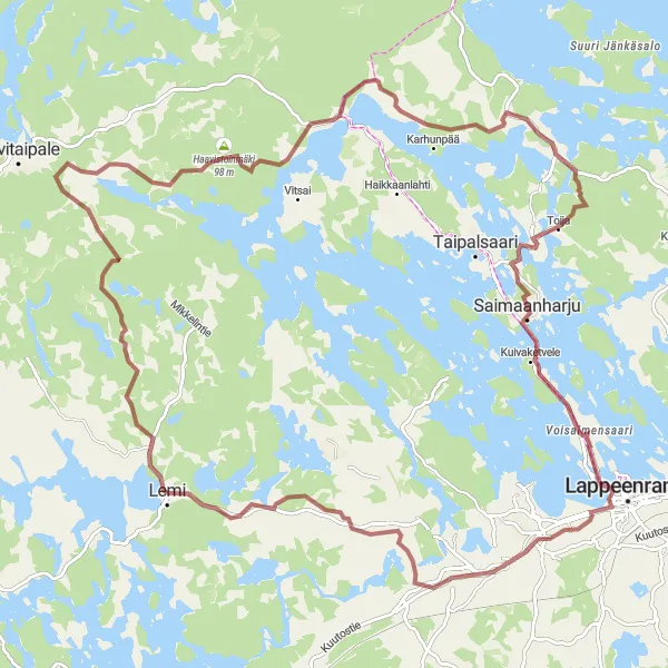 Map miniature of "Lemi Gravel Adventure" cycling inspiration in Etelä-Suomi, Finland. Generated by Tarmacs.app cycling route planner