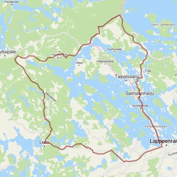 Map miniature of "Lemi Gravel Adventure" cycling inspiration in Etelä-Suomi, Finland. Generated by Tarmacs.app cycling route planner