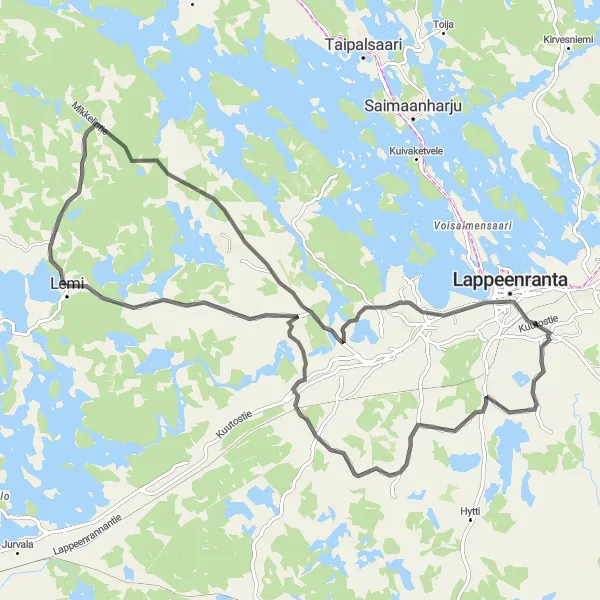 Map miniature of "Lappeenranta Loop: Road Cycling Adventure" cycling inspiration in Etelä-Suomi, Finland. Generated by Tarmacs.app cycling route planner