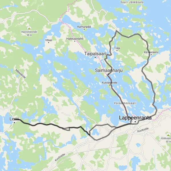 Map miniature of "Exploring Lemi and Lappeenranta by Road" cycling inspiration in Etelä-Suomi, Finland. Generated by Tarmacs.app cycling route planner