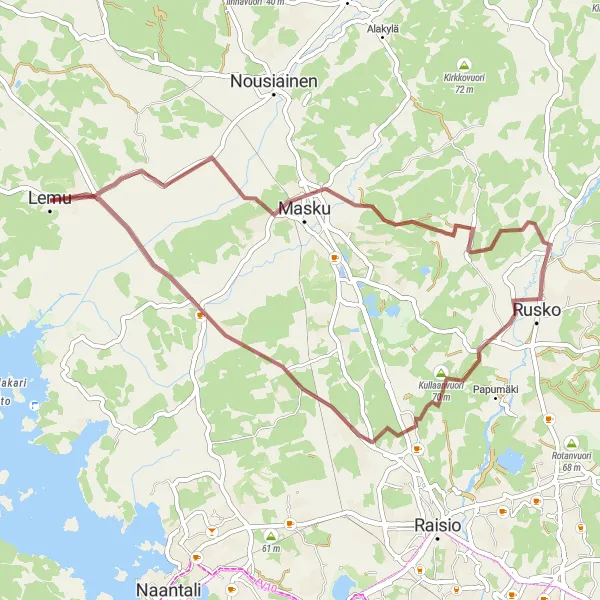 Map miniature of "Masku Loop" cycling inspiration in Etelä-Suomi, Finland. Generated by Tarmacs.app cycling route planner