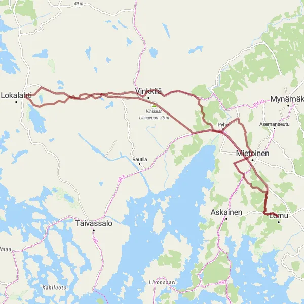 Map miniature of "Coastal Gravel Experience in Vehmaa and Vinkkilä" cycling inspiration in Etelä-Suomi, Finland. Generated by Tarmacs.app cycling route planner