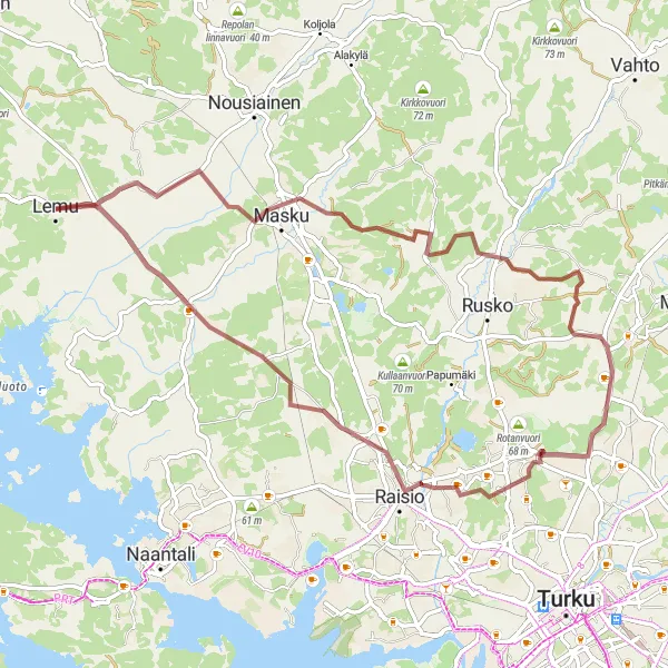 Map miniature of "Rural Gravel Adventure in Masku and Raisio" cycling inspiration in Etelä-Suomi, Finland. Generated by Tarmacs.app cycling route planner