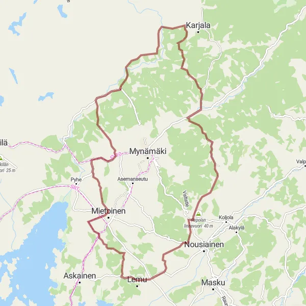 Karttaminiaatyyri "Mannuistenvuori Gravel" pyöräilyinspiraatiosta alueella Etelä-Suomi, Finland. Luotu Tarmacs.app pyöräilyreittisuunnittelijalla