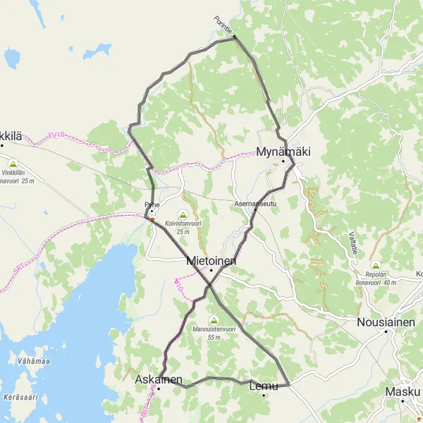 Map miniature of "Picturesque Road Loop through Askainen and Pyhe" cycling inspiration in Etelä-Suomi, Finland. Generated by Tarmacs.app cycling route planner