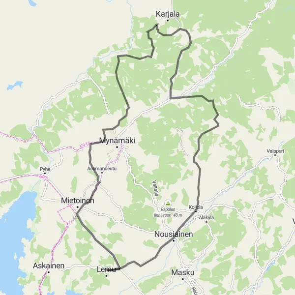 Map miniature of "Historical Road Journey from Lemu to Nousiainen" cycling inspiration in Etelä-Suomi, Finland. Generated by Tarmacs.app cycling route planner