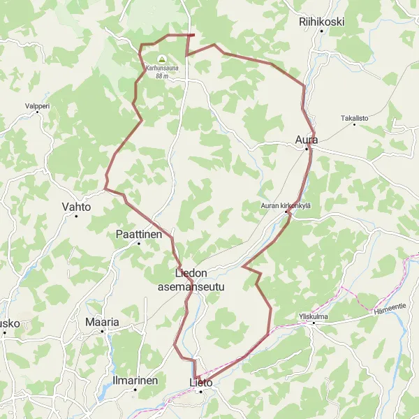 Map miniature of "Rural Aura Discovery" cycling inspiration in Etelä-Suomi, Finland. Generated by Tarmacs.app cycling route planner