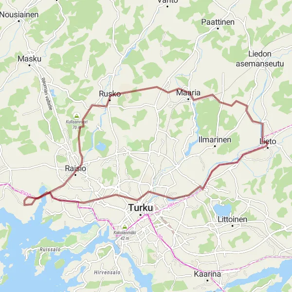 Map miniature of "Gravel Adventure in Lieto" cycling inspiration in Etelä-Suomi, Finland. Generated by Tarmacs.app cycling route planner