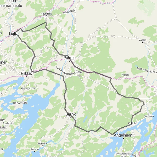 Map miniature of "Paimio Sauvo Loop" cycling inspiration in Etelä-Suomi, Finland. Generated by Tarmacs.app cycling route planner