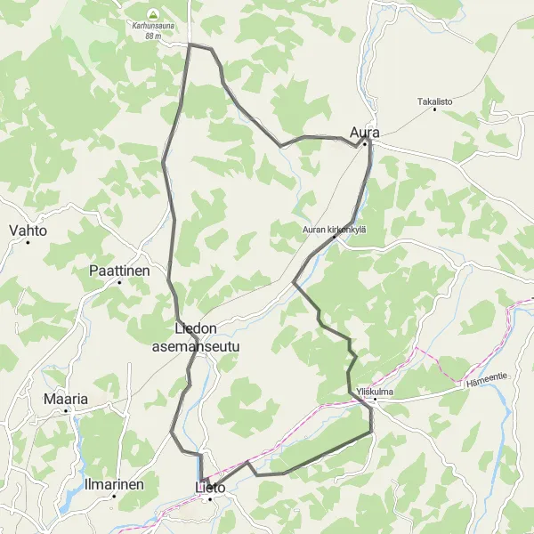 Map miniature of "Lieto Countryside Ride" cycling inspiration in Etelä-Suomi, Finland. Generated by Tarmacs.app cycling route planner