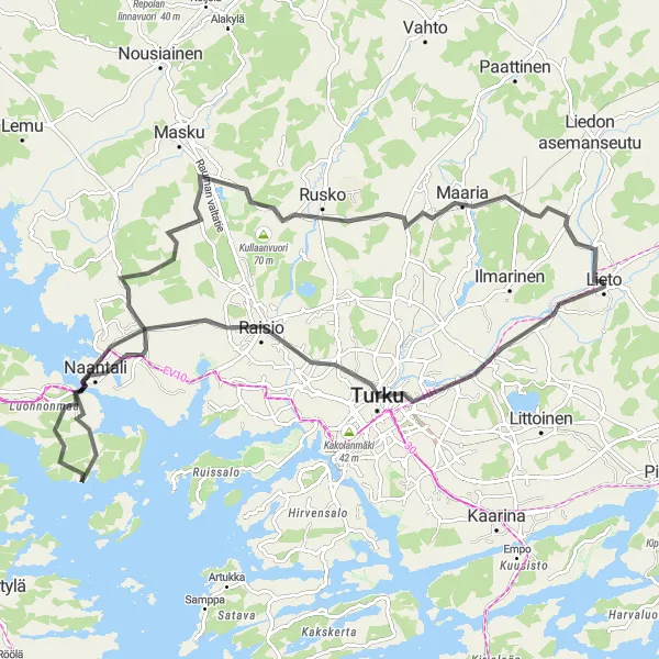 Map miniature of "Turku Bay Loop" cycling inspiration in Etelä-Suomi, Finland. Generated by Tarmacs.app cycling route planner