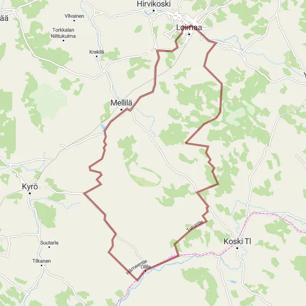 Map miniature of "The Mellilä Gravel Challenge" cycling inspiration in Etelä-Suomi, Finland. Generated by Tarmacs.app cycling route planner
