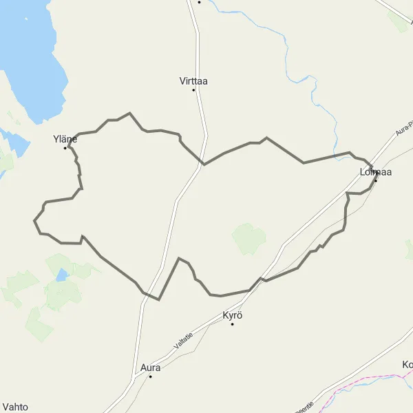 Map miniature of "Loimaa - Mellilä - Pöytyän kirkonkylä - Eskolanvuori - Yläne - Oripää - Hirvikoski Loop" cycling inspiration in Etelä-Suomi, Finland. Generated by Tarmacs.app cycling route planner