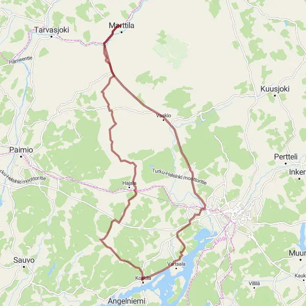 Map miniature of "Hajala-Vaskio Gravel Loop" cycling inspiration in Etelä-Suomi, Finland. Generated by Tarmacs.app cycling route planner
