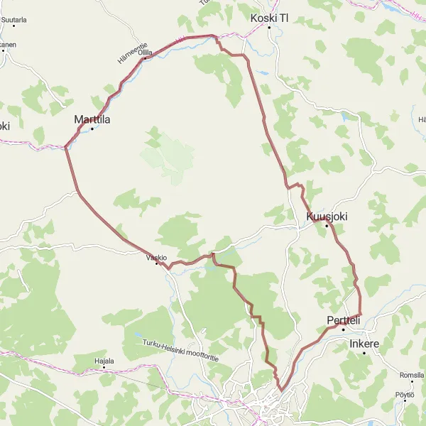 Map miniature of "Marttila-Kuusjoki Gravel Adventure" cycling inspiration in Etelä-Suomi, Finland. Generated by Tarmacs.app cycling route planner