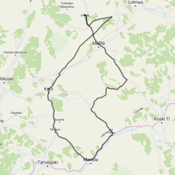 Map miniature of "Paimio-Mellilä Loop" cycling inspiration in Etelä-Suomi, Finland. Generated by Tarmacs.app cycling route planner