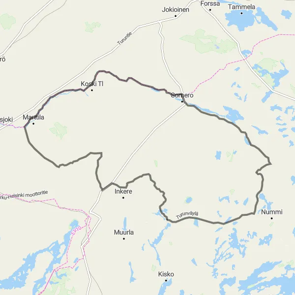 Map miniature of "Marttila Loop" cycling inspiration in Etelä-Suomi, Finland. Generated by Tarmacs.app cycling route planner