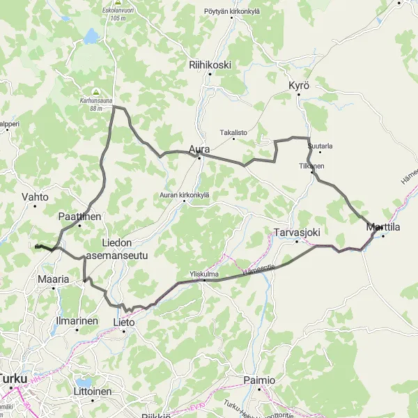 Map miniature of "Marttila - Joenperä" cycling inspiration in Etelä-Suomi, Finland. Generated by Tarmacs.app cycling route planner