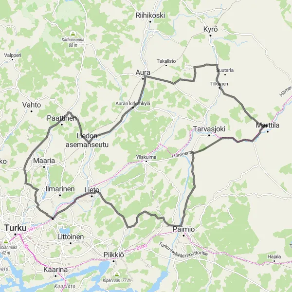 Map miniature of "Marttila Loop" cycling inspiration in Etelä-Suomi, Finland. Generated by Tarmacs.app cycling route planner