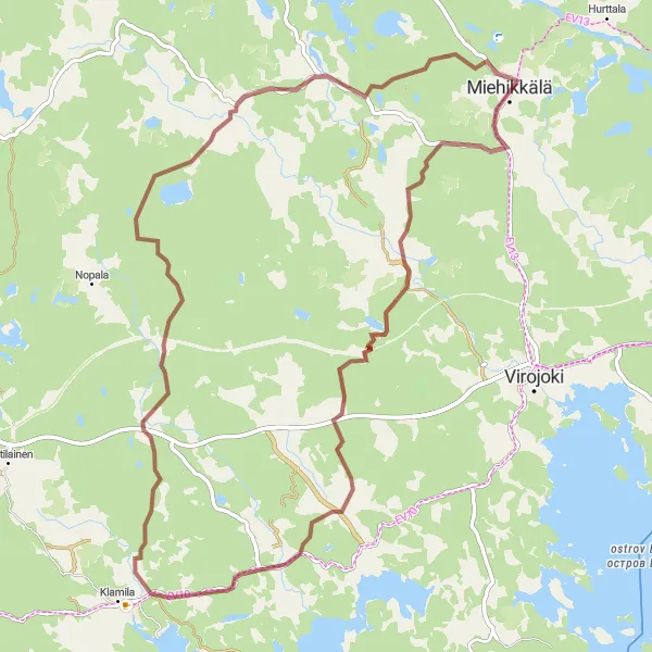 Karttaminiaatyyri "Miehikkälä - Saivikkala - Ravijoki" pyöräilyinspiraatiosta alueella Etelä-Suomi, Finland. Luotu Tarmacs.app pyöräilyreittisuunnittelijalla