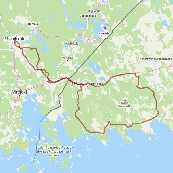 Map miniature of "Exploring the Wilderness of Miehikkälä" cycling inspiration in Etelä-Suomi, Finland. Generated by Tarmacs.app cycling route planner