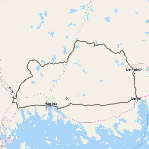 Map miniature of "Virojoki and Kannusjärvi" cycling inspiration in Etelä-Suomi, Finland. Generated by Tarmacs.app cycling route planner