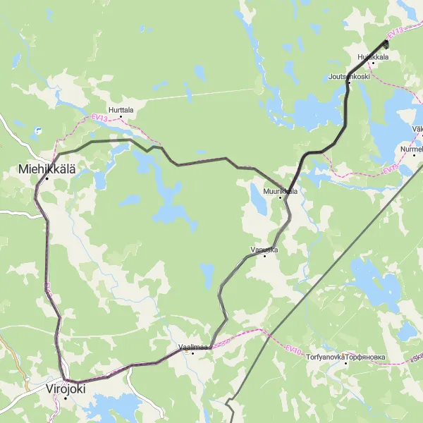 Karttaminiaatyyri "Miehikkälä - Joutsenkoski - Vaalimaa" pyöräilyinspiraatiosta alueella Etelä-Suomi, Finland. Luotu Tarmacs.app pyöräilyreittisuunnittelijalla