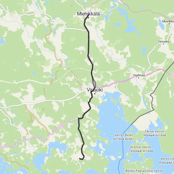 Karttaminiaatyyri "Miehikkälä - Saivikkala - Virojoki" pyöräilyinspiraatiosta alueella Etelä-Suomi, Finland. Luotu Tarmacs.app pyöräilyreittisuunnittelijalla