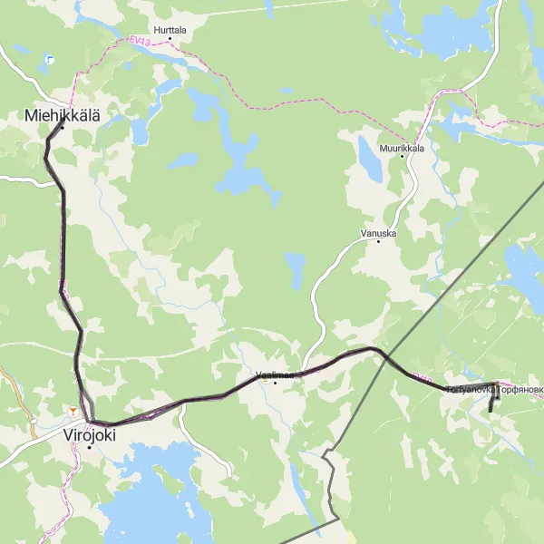 Karttaminiaatyyri "Miehikkälä - Virojoki - Torfyanovka" pyöräilyinspiraatiosta alueella Etelä-Suomi, Finland. Luotu Tarmacs.app pyöräilyreittisuunnittelijalla