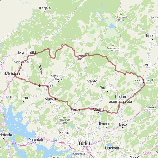 Map miniature of "Mynämäki Gravel Adventure" cycling inspiration in Etelä-Suomi, Finland. Generated by Tarmacs.app cycling route planner