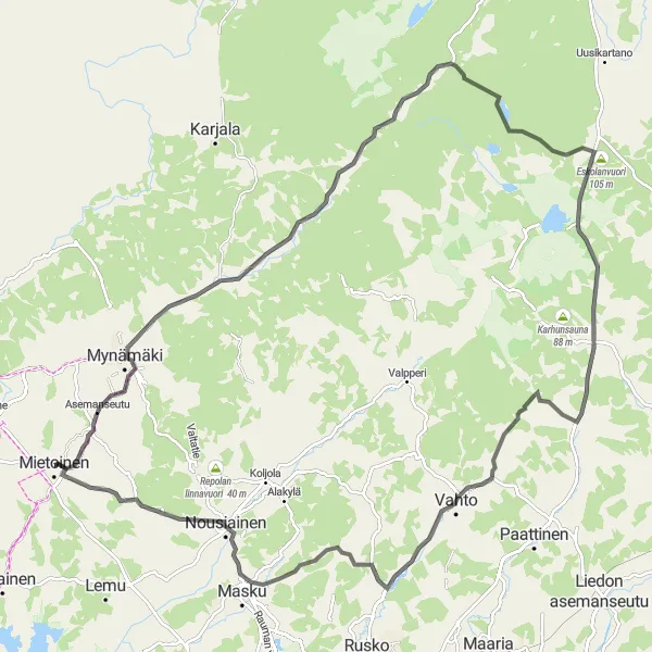 Map miniature of "Eskolanvuori Coastal Loop" cycling inspiration in Etelä-Suomi, Finland. Generated by Tarmacs.app cycling route planner