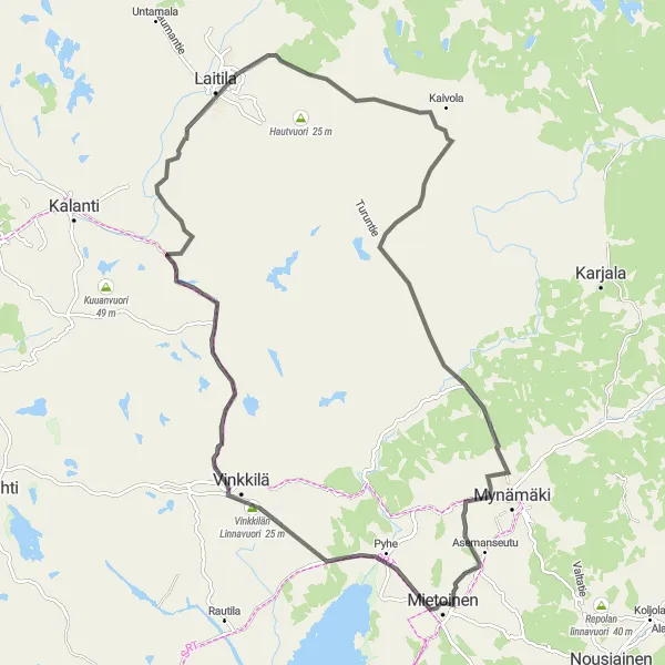 Map miniature of "Mietoinen Loop" cycling inspiration in Etelä-Suomi, Finland. Generated by Tarmacs.app cycling route planner