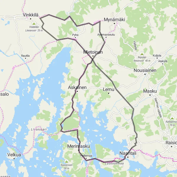 Karttaminiaatyyri "Naantali - Mietoinen - Naantali Loop" pyöräilyinspiraatiosta alueella Etelä-Suomi, Finland. Luotu Tarmacs.app pyöräilyreittisuunnittelijalla