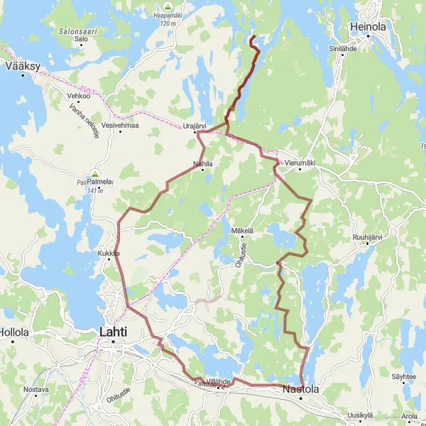 Karttaminiaatyyri "Nastola - Iso-Kukkanen Gravel Ride" pyöräilyinspiraatiosta alueella Etelä-Suomi, Finland. Luotu Tarmacs.app pyöräilyreittisuunnittelijalla