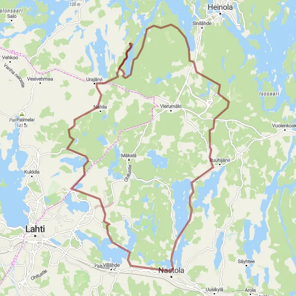 Map miniature of "Nastola - Urajärvi - Iso-Kukkanen" cycling inspiration in Etelä-Suomi, Finland. Generated by Tarmacs.app cycling route planner