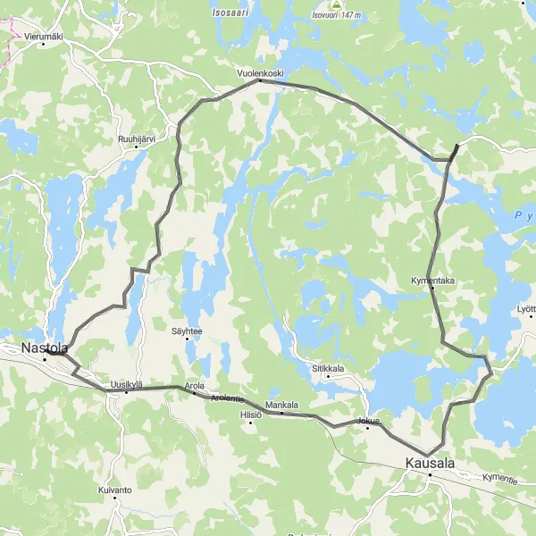 Map miniature of "Nastola - Vuolenkoski - Pyhäjärvi - Karjettamäki - Kausala - Kuninkaanharjun näkötorni - Uusikylä" cycling inspiration in Etelä-Suomi, Finland. Generated by Tarmacs.app cycling route planner