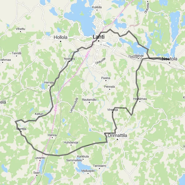 Karttaminiaatyyri "Nastola - Lahti Discovery Route" pyöräilyinspiraatiosta alueella Etelä-Suomi, Finland. Luotu Tarmacs.app pyöräilyreittisuunnittelijalla