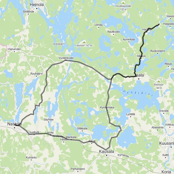 Map miniature of "Vuolenkoski Loop" cycling inspiration in Etelä-Suomi, Finland. Generated by Tarmacs.app cycling route planner